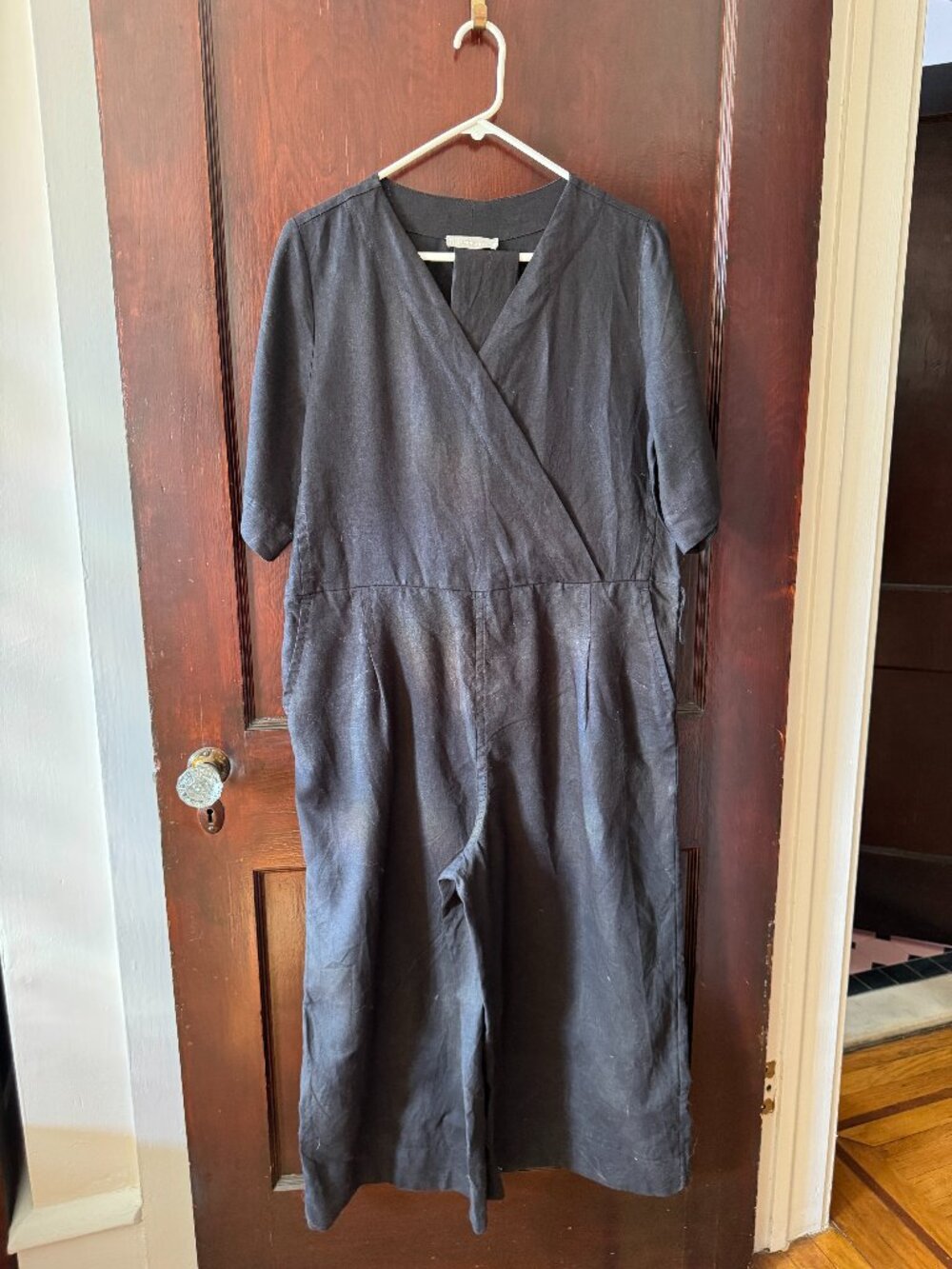 Linen short sleeve belted jumpsuit